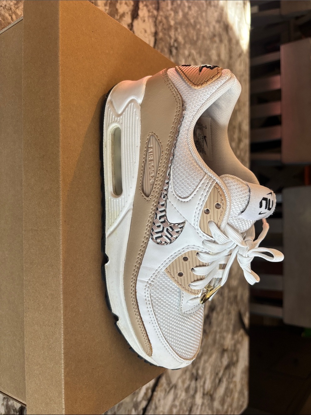 Nike Women's White and Tan Sneakers with Patterned Swoosh - Picture 5 of 10